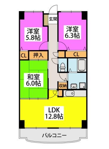 アーバンライフ 折尾(3LDK/8階)の間取り写真