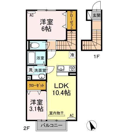 コスモ木屋瀬 A棟(2LDK/2階)の間取り写真