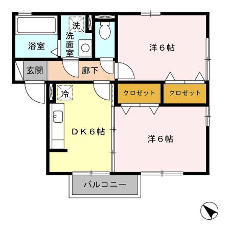 ハート学研台A棟(2DK/2階)の間取り写真