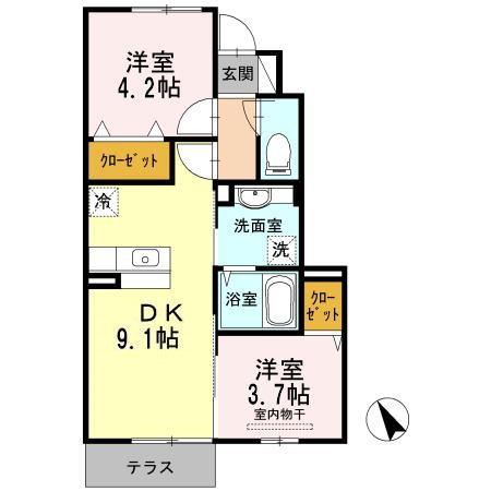 グランドヒルズA棟(2DK/1階)の間取り写真