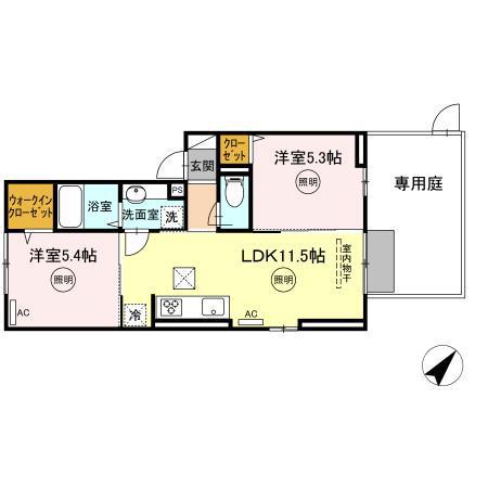 ルシオル鞘ヶ谷(2LDK/1階)の間取り写真