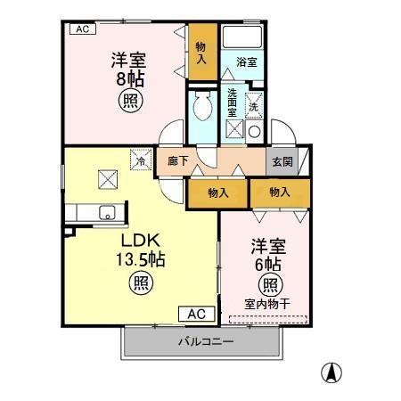 ル・クレールやつえA棟(2LDK/1階)の間取り写真