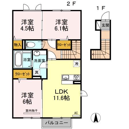 ヴィルヌーブ相坂 C棟(3LDK/2階)の間取り写真