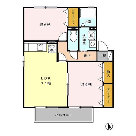 クレール塚の原B棟(2LDK/2階)の間取り写真