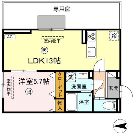 DーROOM本城東 A棟(1LDK/1階)の間取り写真