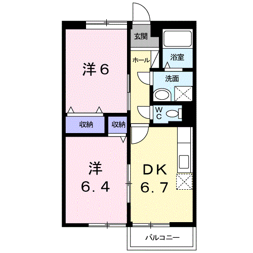 グランドールK.B棟(2DK/2階)の間取り写真