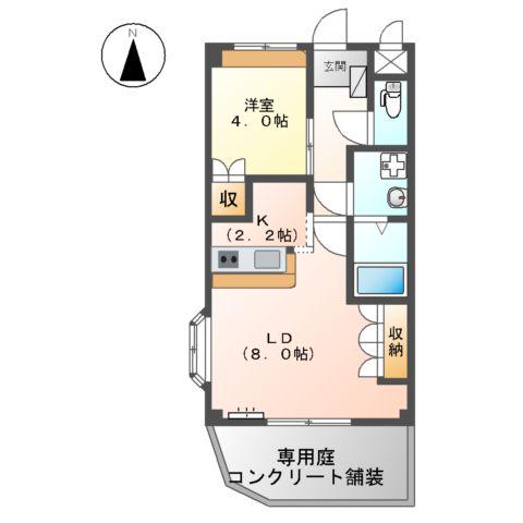 ロイヤルヒルズ鹿城Ⅱ(1LDK/1階)の間取り写真