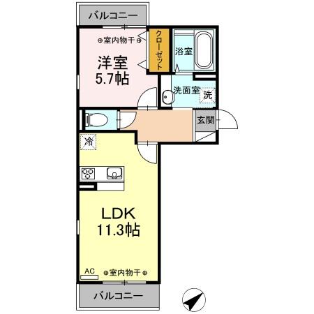 長崎県佐世保市 3階建 築7年(1LDK/2階)の間取り写真