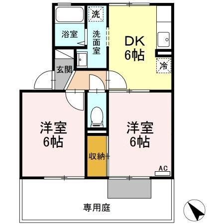 ロイヤルプラムB棟(2DK/1階)の間取り写真