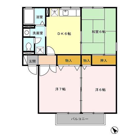 レジデンス95A棟(3DK/2階)の間取り写真
