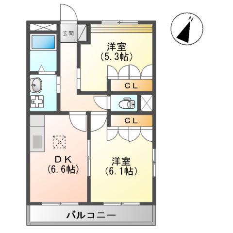 エバーグリーン(2DK/1階)の間取り写真