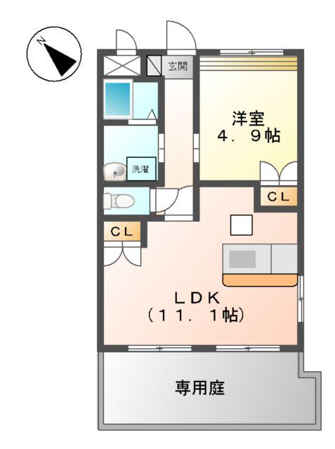 シャトー・ドゥ・レーヴR(1LDK/1階)の間取り写真