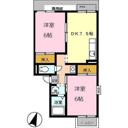 プレジールみゆき B棟(2DK/1階)の間取り写真