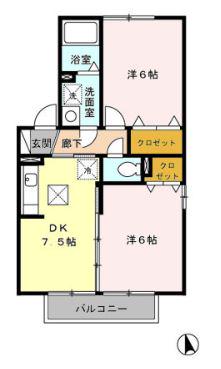 ヴィルヌーブ(2DK/1階)の間取り写真