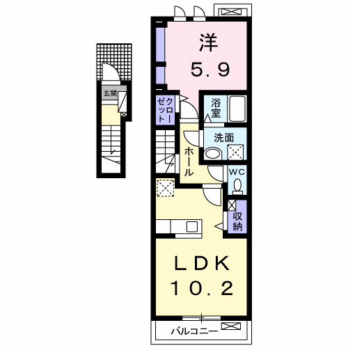 鹿児島本線 西熊本駅 徒歩9分 2階建 築10年(1LDK/2階)の間取り写真