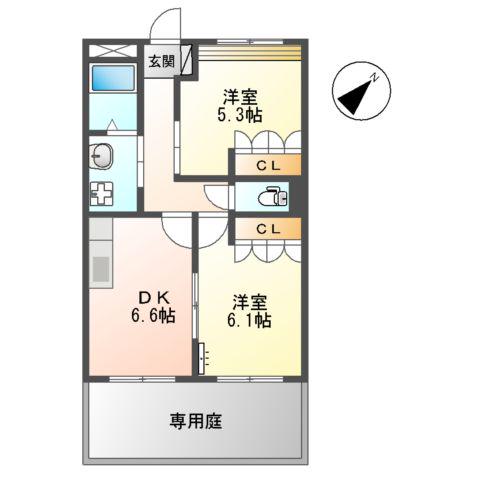 ヴァンベール・リバーツ(2DK/1階)の間取り写真