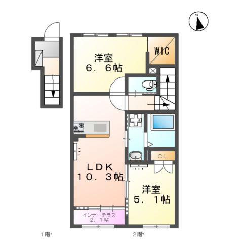 ビータス益城(2LDK/2階)の間取り写真