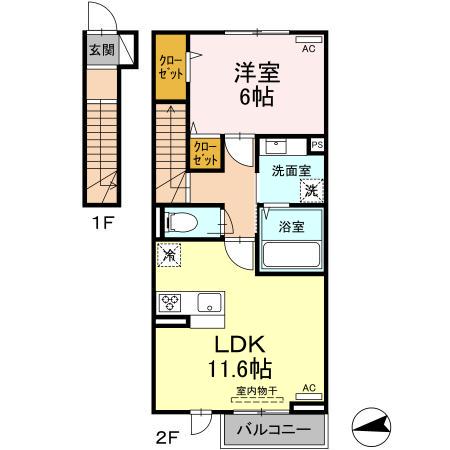 ラルジュガーデン西寺(1LDK/2階)の間取り写真