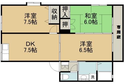 アメニティー鶴羽田B棟(3DK/1階)の間取り写真