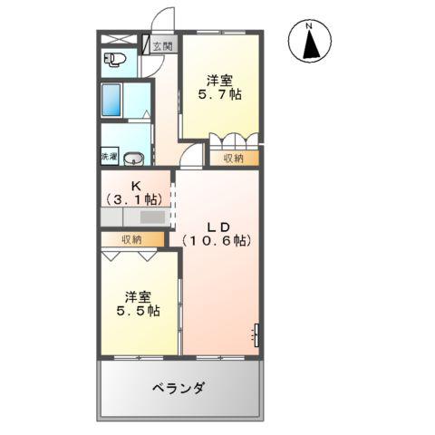 グレース・シャトー・エマⅡ(2LDK/2階)の間取り写真