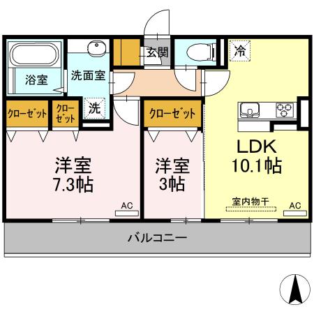 ウエストヒルズ萩I(2LDK/3階)の間取り写真
