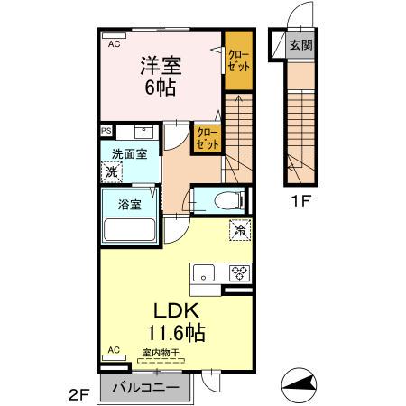 ラルジュガーデン西寺(1LDK/2階)の間取り写真