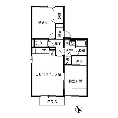 ラ・ヴェルムB棟(2LDK/1階)の間取り写真