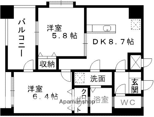 リバージュ県庁通(2DK/8階)の間取り写真
