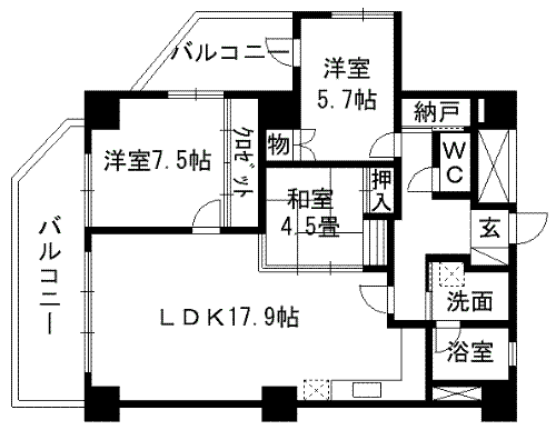 優渾水前寺(3LDK/9階)の間取り写真