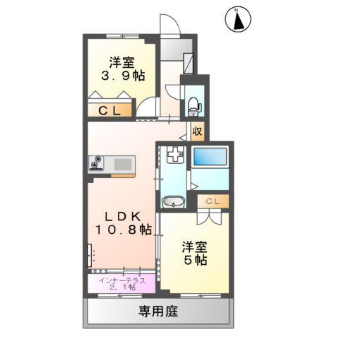 ビータス益城(2LDK/1階)の間取り写真