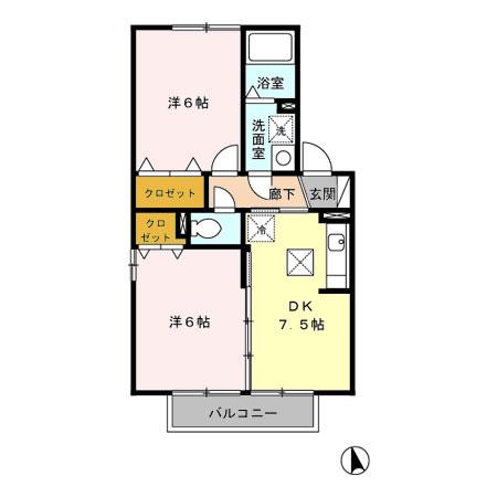 ヴィルヌーブ(2DK/1階)の間取り写真