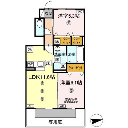 D-ROOM西区上代(2LDK/1階)の間取り写真