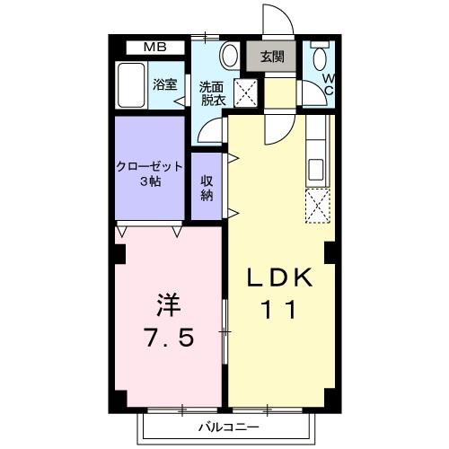 ハピネスハイツ(1LDK/2階)の間取り写真