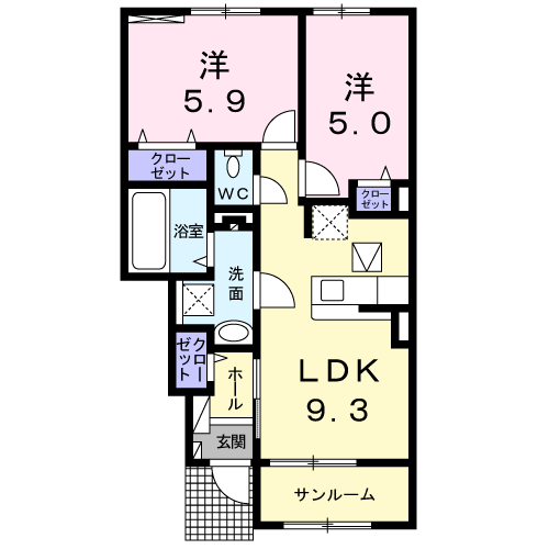レミー グレンツェ Ⅰ(2LDK/1階)の間取り写真