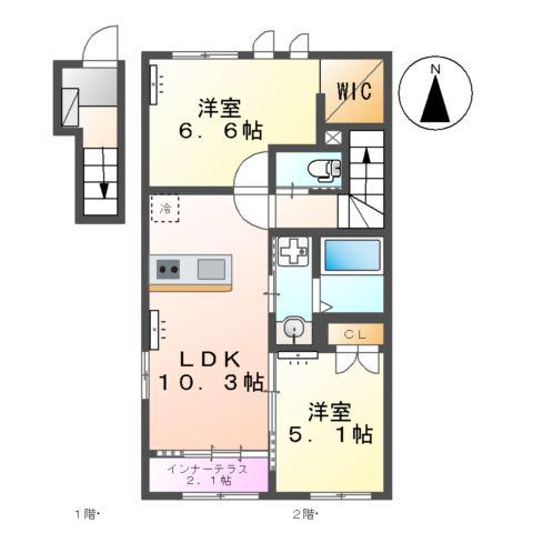 ボヌール MASHIKI(2LDK/2階)の間取り写真