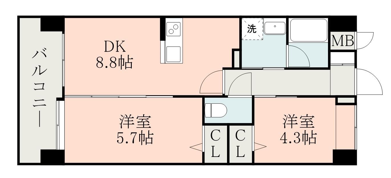 エムズマンション熊本北(2DK/10階)の間取り写真