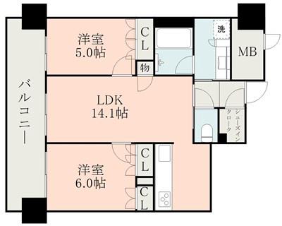 MJR熊本ザ・タワー(2LDK/6階)の間取り写真