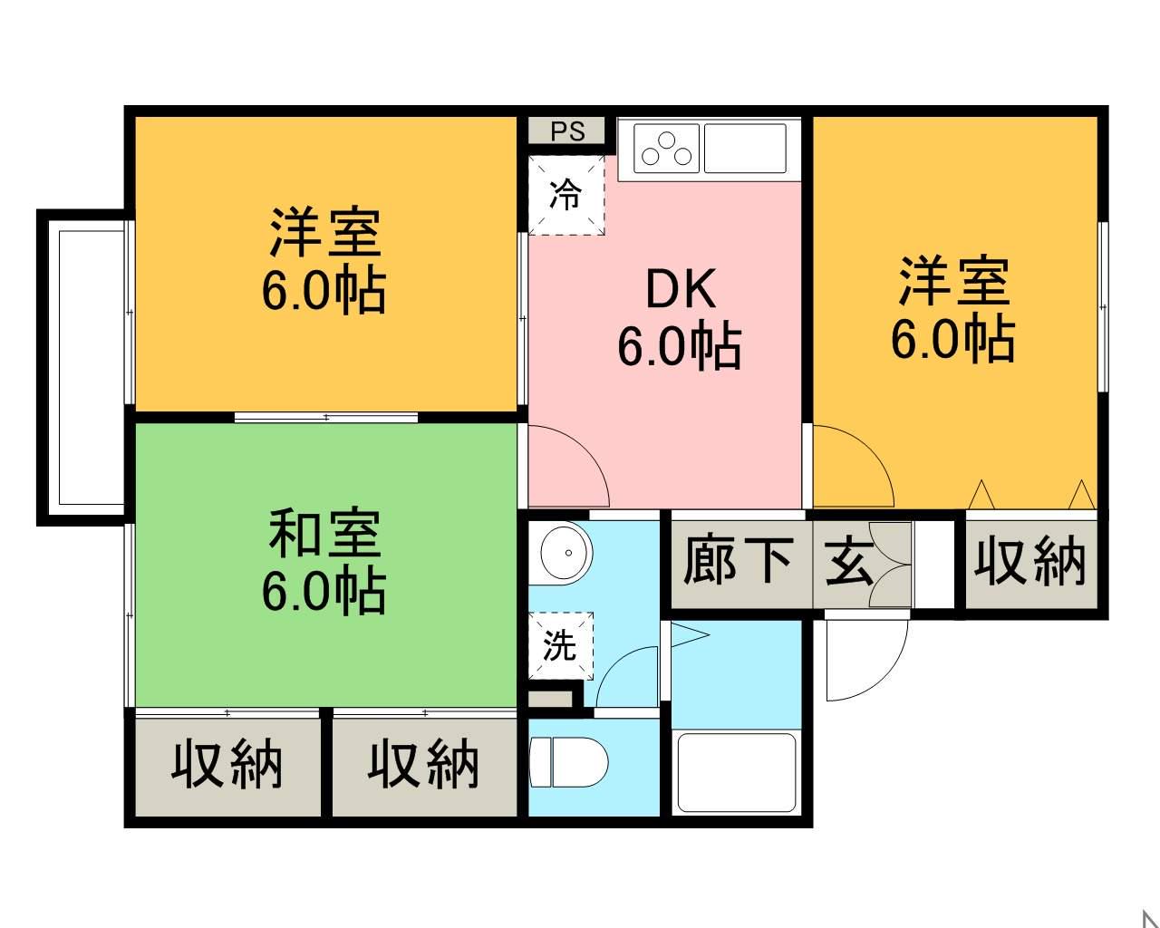 レジデンス95D棟(3DK/2階)の間取り写真