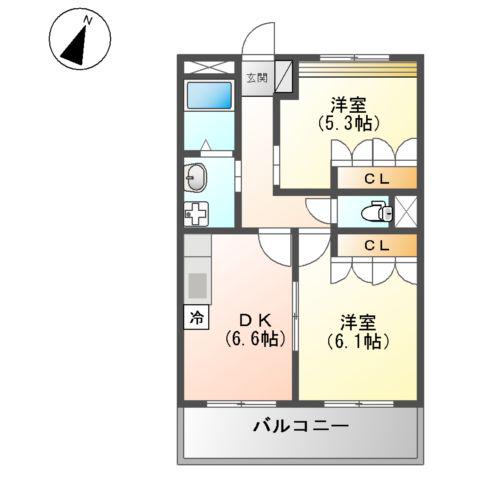 エバーグリーン(2DK/2階)の間取り写真