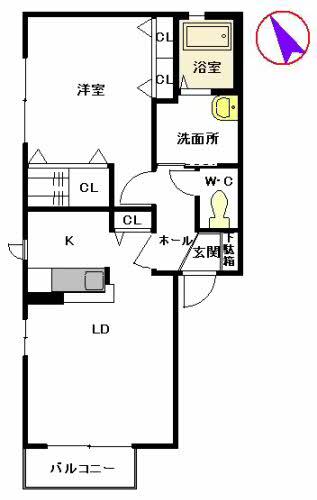 サンリッチD棟(1LDK/2階)の間取り写真