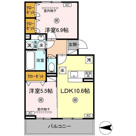 セゾンコート出仲間(2LDK/1階)の間取り写真