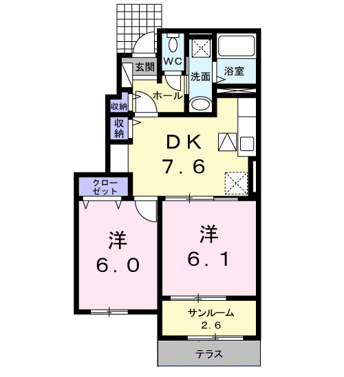 NOBLEPEACH壱番館(2DK/1階)の間取り写真