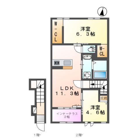 ルガルボニート北熊本(2LDK/2階)の間取り写真