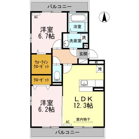 西熊本駅前ガーデンI(2LDK/2階)の間取り写真