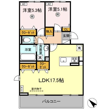 フェリシテ御領(2LDK/2階)の間取り写真