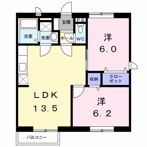ディアコートB(2LDK/2階)の間取り写真