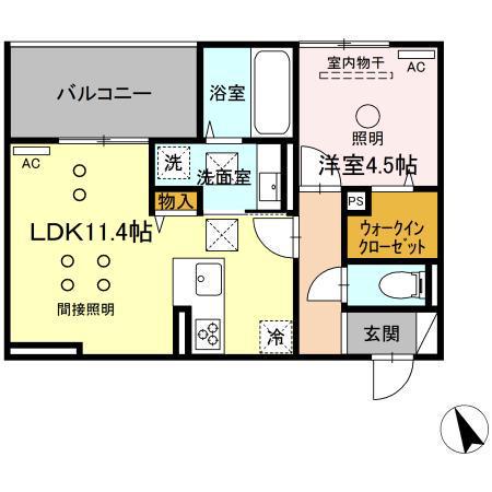 DーROOM新屋敷(1LDK/1階)の間取り写真