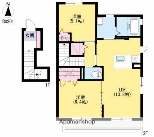 シャーメゾン見晴台B(2LDK/2階)の間取り写真