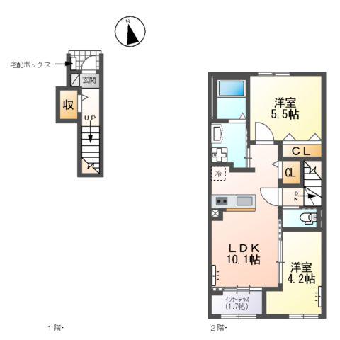 ヒルズ スペース(2LDK/2階)の間取り写真