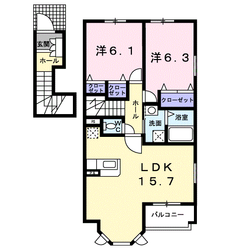 ウエストキャッスルB(2LDK/2階)の間取り写真